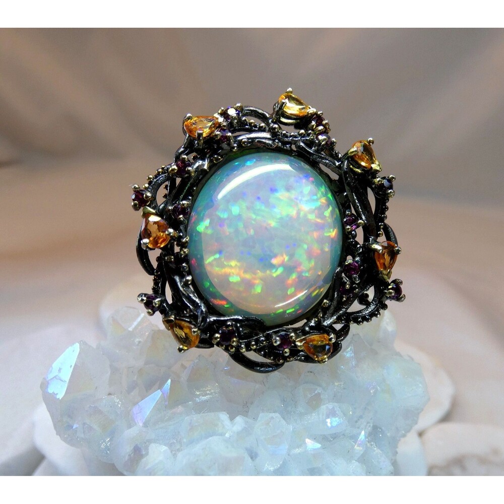 HUGE 17CT Ethiopian Welo Opal Citrine Sterling Silver Ring SZ 8 OOAK Statement